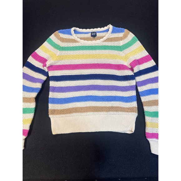 GAP Sweaters - Gap Rainbow Striped Open Knit Crochet Sweater Cream Multi Color Cotton Small